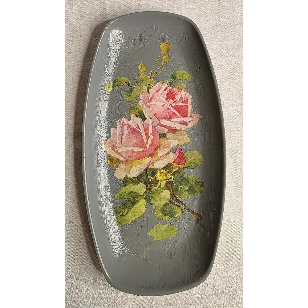 Hand Decorated Painted Silverplate Tray Applied Floral Transfer Gray Pink 8